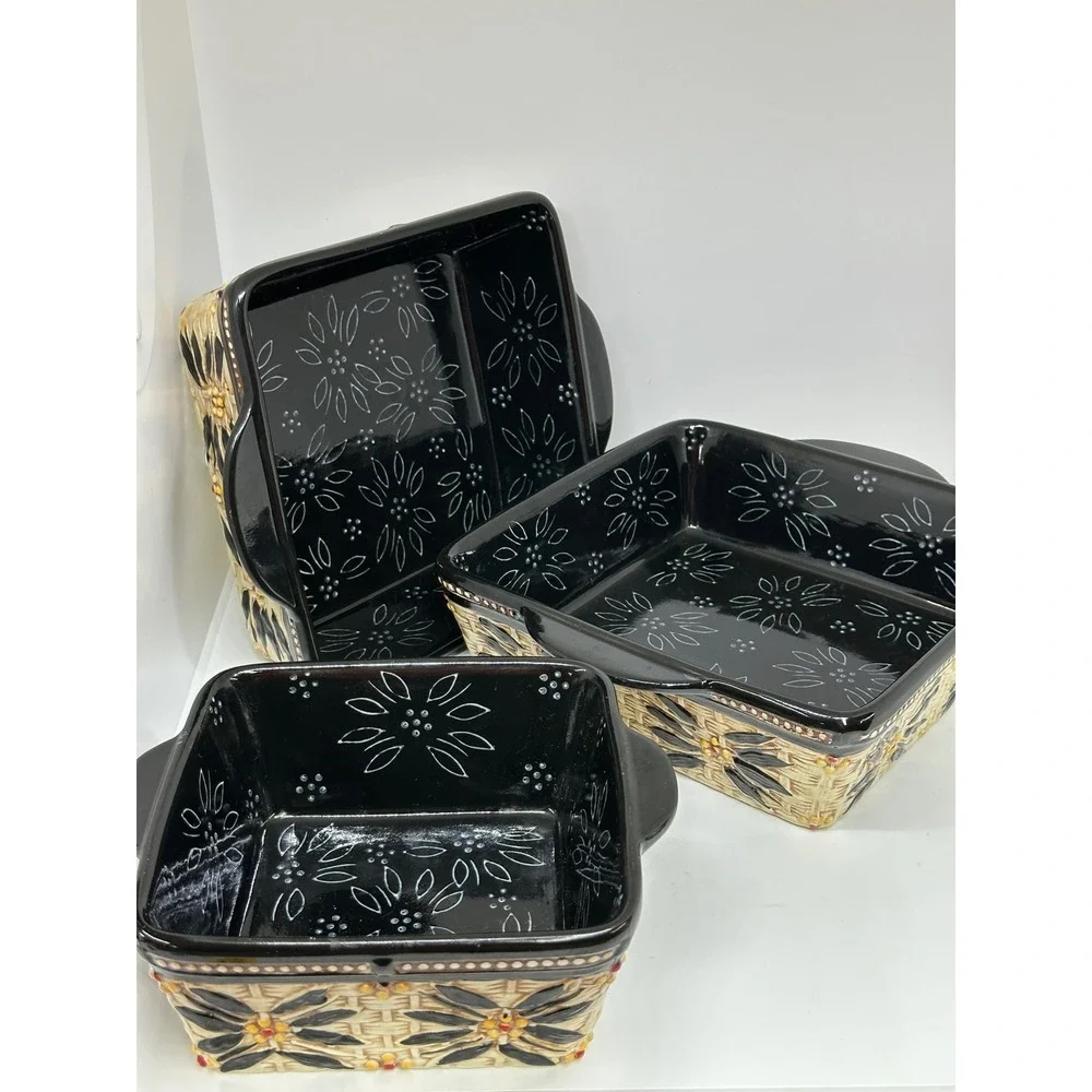 Temp-tations Baker Set Black Old World Basketweave Floral 3 Piece Bakeware